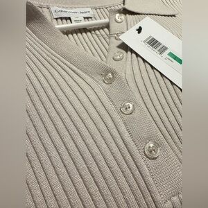 Calvin Klein Women's Cream Ribbed Quarter-Button Polo Shirt